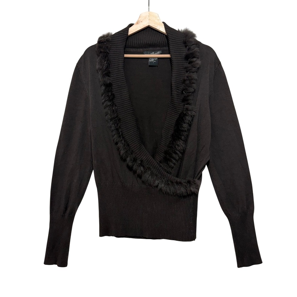 Brown Wrap Front Sweater with Rabbit Fur Trim Brown Large Y2K